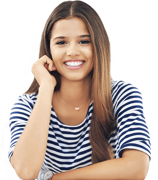 Smiling young woman in blue and white striped blouse